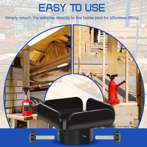 Heavy Duty 10 Ton Bottle Jack To Post Adapter With Centering Pin For 4x4 Wood Beams, shown with installation context and lifting process.