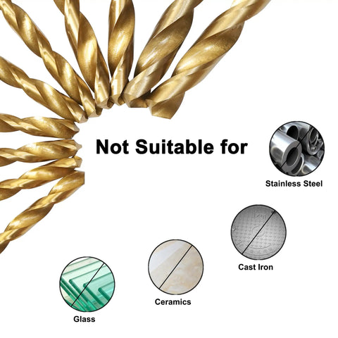 230-piece Titanium Coated HSS Drill Bit Set with 135 degree tips showing unsuitable materials like stainless steel and ceramics