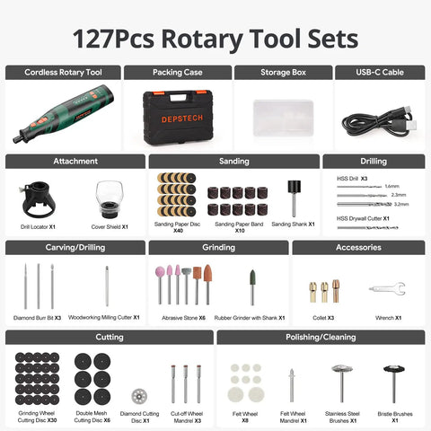 127 piece Beast Cordless Rotary Tool Kit With 8V 2.0Ah Rechargeable Battery shown with accessories including sanding discs and drills.