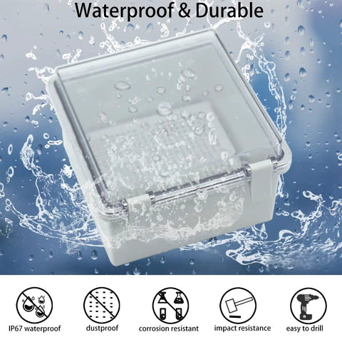 Built Tough IP67 Waterproof ABS Junction Box With Hinged Clear Cover in outdoor water splash setting