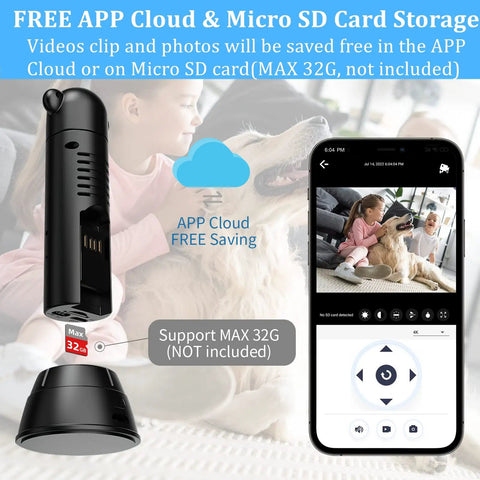 Ultra Tiny WiFi Hidden Camera Nanny Cam 1080P Mini Home Security with app view, shown with child and dog, supports 32GB SD