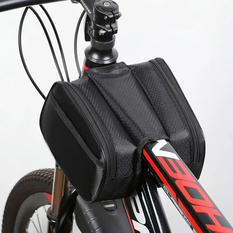 Waterproof Bike Frame Bag For On The Go Riders Front Beam Saddle Storage Pouch For Tools Phone Wallet And Essentials mounted on bicycle