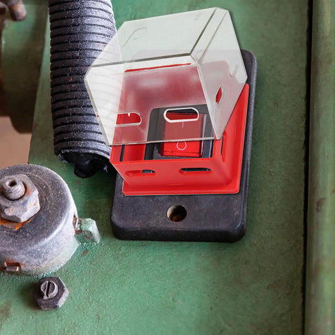 Emergency Stop Button Cover Box Type Transparent Guard Lockout For Pro Grade Machinery, Rugged Large Push Button Shield That Prevents Accidental Activations And Keeps Your Crew Safe Industrial Stop Switch Box Protector For Heavy Equipment, red on machine