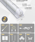 Diagram showing Two Pack 2 Foot LED Shop Lights 30W 3000 Lumen 6500K Daylight Ultra Bright T8 with accessories and dimensions