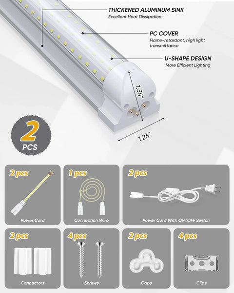 Diagram showing Two Pack 2 Foot LED Shop Lights 30W 3000 Lumen 6500K Daylight Ultra Bright T8 with accessories and dimensions