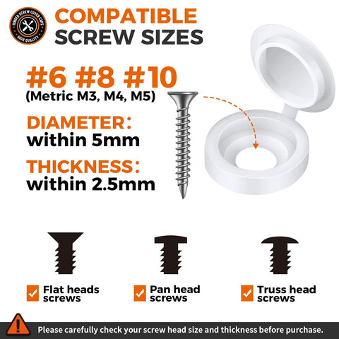Plastic Hinged Screw Cover Caps 150 White Snap On Caps With Flip Tops showing compatible screw sizes and types