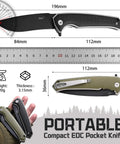 Keen Folding Pocket Knife Dope EDC Gear with 84mm blade, 14C28N stainless steel, shown with measurements and handle options.