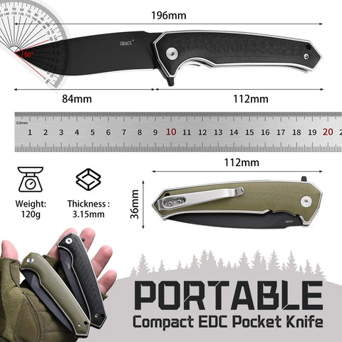 Keen Folding Pocket Knife Dope EDC Gear with 84mm blade, 14C28N stainless steel, shown with measurements and handle options.