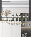 Built Tough Ceiling Wine Rack Suspension With Iron Square Tube Bracket For Wine Glasses Bottles And Storage Black Wall Mount Shelf Hangable Organizer For Garage Or Kitchen 100 By 30 By 80 Cm showcasing wine bottles and glasses.