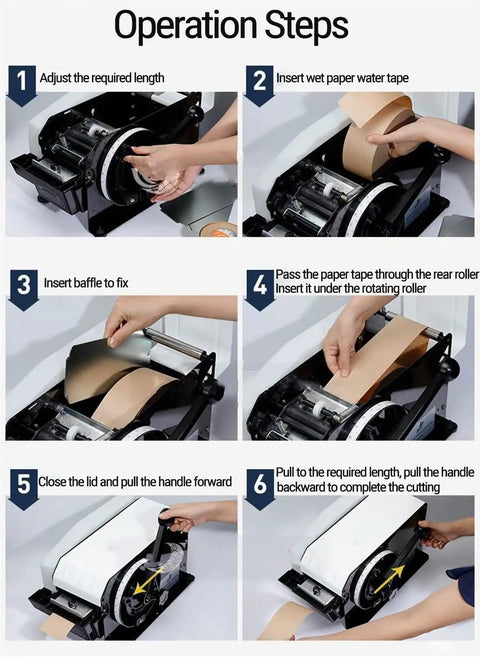 Operation steps for Heavy Duty Semi Automatic Gummed Kraft Tape Dispenser Runs Like Clockwork With Zero Plug Hassle Chews Through Packaging Rolls Smoothly For Fast Box Sealing Up To 100 Mm Width Sturdy Reliable.
