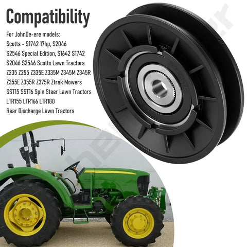 Idler Pulley Replacement For John Deere Lawn Tractors And Ztrak Riding Mowers, detailed view with compatibility text