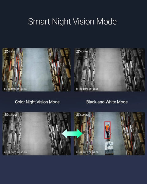 Comparison of color night vision and black-and-white modes in an outdoor security cam with color night vision, AI person detection