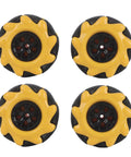 Mecanum wheel set, yellow outer ring with black hub, 48mm; four wheels (two pairs) for omnidirectional robot cars, front view.