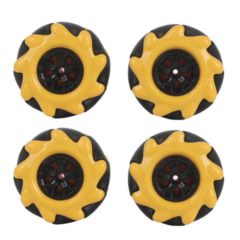 Set of four 48mm yellow and black mecanum wheels with red centers for DIY building-block smart cars