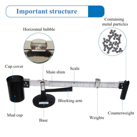 Mud Testing Kit For Slurry Viscosity, including scale, mud cup, and counterweight, three piece set detailed structure view