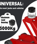 Front view: two black plastic jack stand pad adapters for pinch-weld rails on a red jack.