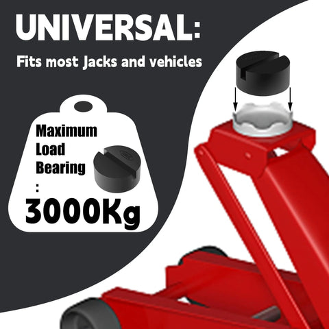 Front view: two black plastic jack stand pad adapters for pinch-weld rails on a red jack.