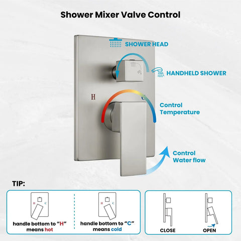 Shower Faucet Set With 12 Inch Rain Shower Head And Handheld Spray, Brushed Nickel Wall Mounted Trim Kit With Mixer Valve