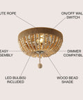 14 Inch Taupe And Polished Nickel Two Light Wood Bead Iron Flush Mount Ceiling Light For Farmhouse Boho Style with labels