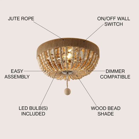 14 Inch Taupe And Polished Nickel Two Light Wood Bead Iron Flush Mount Ceiling Light For Farmhouse Boho Style with labels