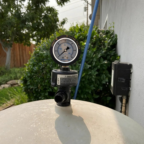 MeasureMan pool filter pressure gauge with 2-inch dial, oil-filled, bottom-mount 1/4 NPT on pool filter tank