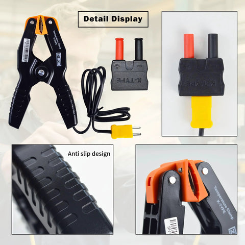 K Type Pipe Clamp Thermometer for HVAC and Multimeters, Wide Range -40 to 392 F, orange clamps, black body, anti-slip design