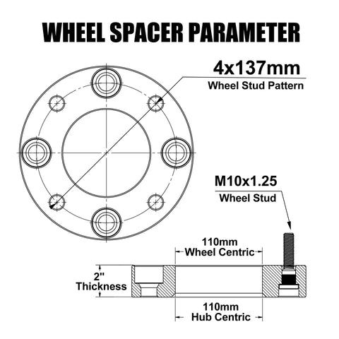 Diagram of 2 Inch 4x137 Wheel Spacers Set For UTVs And ATVs 4x137 Bolt Pattern 110mm Hub Bore 10x1.25 Studs 4 Pcs With Thread Lockers And Manuals Boost Traction Clearance And Tire Fitment For Your Off Road Rig dimensions with measurements