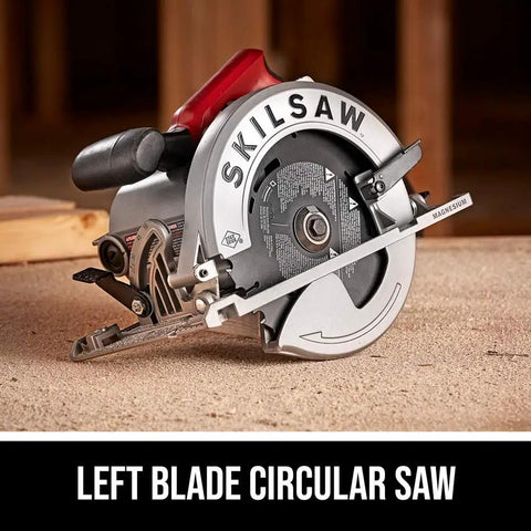 Tough As Nails 15 Amp Seven Quarter Inch Sidewinder Circular Saw With Left Blade Design and Solid Magnesium Body on wood surface.