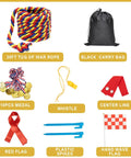 Image of Tug Of War Rope Kit for Field Day and Backyard Fun with 20 ft rope, black bag, medals, whistle, center line, flags, and spikes.