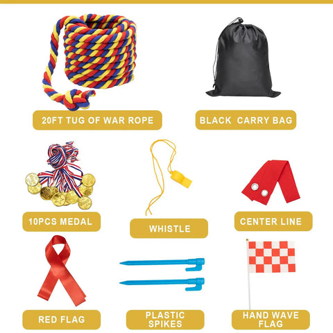 Image of Tug Of War Rope Kit for Field Day and Backyard Fun with 20 ft rope, black bag, medals, whistle, center line, flags, and spikes.