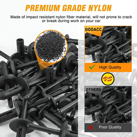 82Pcs Plastic Rivet Gun Set With Fastener Remover Pop Rivets Assortment display showing premium nylon quality comparison with others