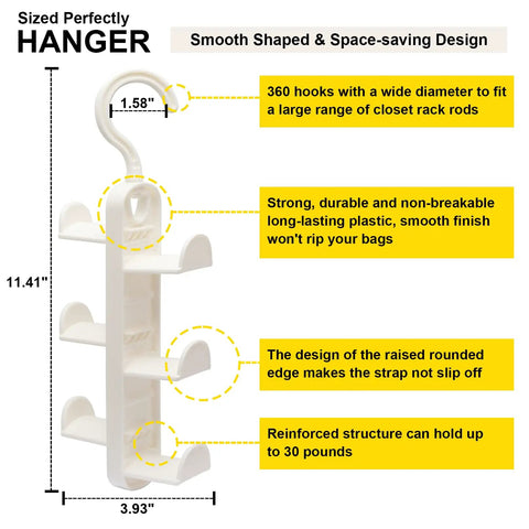 Two Pack Purse Organizer Hanger For Closet Storage Durable Bag Organizer, showing white plastic structure and swivel hook dimensions.