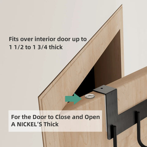 Over The Door Towel Rack With 5 Heavy Duty Aluminum Hooks for Towels Coats Robes Bags Hats Space Saving Door Hanger Matte Black Finish shown fitting over a door.