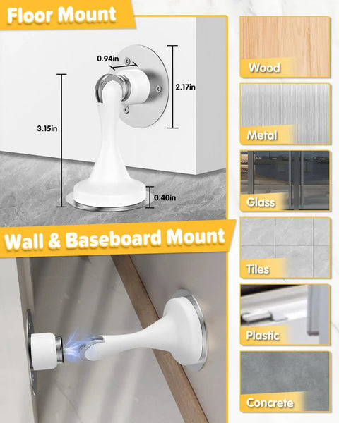 Heavy Duty Magnetic Door Stop Set 2 Pack Keeps Doors Open With Powerful Hold, wall mount shown, stainless steel white.