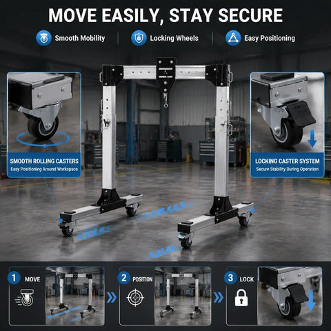 Heavy Duty Portable Aluminum Gantry Crane Rock Solid 2 Ton Lifting Rig with locking casters for easy mobility in workshops.