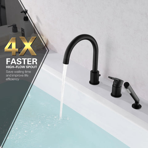 Matte Black Roman Bathtub Faucet For 3 Hole Deck Mount Installation With Brass Handheld Shower Sprayer 59 Inch Hose in action