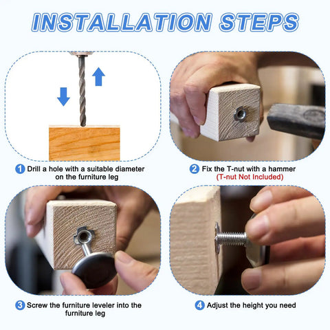 Installation steps for Top Grade M10 Thread Furniture Feet Levelers In Black on wooden furniture legs.