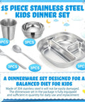 Heavy Hitter 15 Piece Stainless Steel Kids Dinnerware Set With Three Compartment Plates And Spill Proof Cups Bowls Plus Fork Spoon Combo.