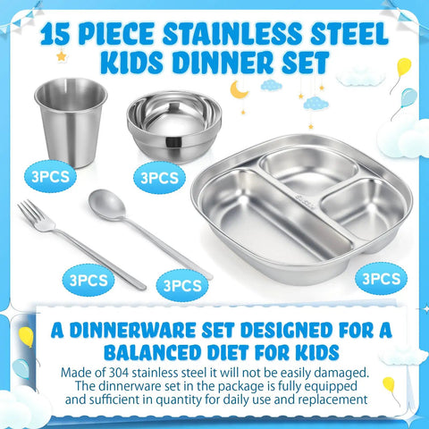 Heavy Hitter 15 Piece Stainless Steel Kids Dinnerware Set With Three Compartment Plates And Spill Proof Cups Bowls Plus Fork Spoon Combo.