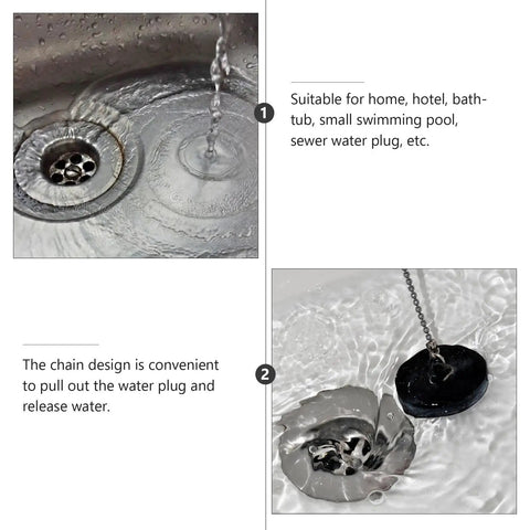2 Pcs Black Silicone Bathtub Drain Stopper with Chain for Shower Use, showing water flow and the stopper in action.
