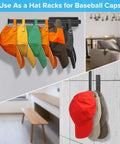 Hat rack displaying various colored baseball caps in a modern interior setting