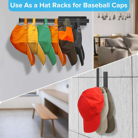 Hat rack displaying various colored baseball caps in a modern interior setting