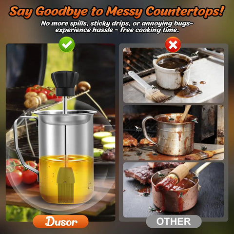 All In One BBQ Basting Brush And Sauce Cup Set For Grilling, spill proof brush with attached sauce cup in use