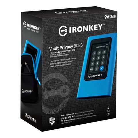 Packaging of Vault Privacy 80 External SSD With FIPS 197 Encryption And XTS AES 256 Bit Encryption Plus Touch Screen PIN.
