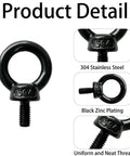 Set Of Four M5 x 12Mm Lifting Eye Bolts Built Tough From 304 Stainless Steel For Top Shelf Pulling Strength And No Sweat Rigging Or Heavy Duty Hoisting On Any Job Site - Black zinc plated eye bolt detail.