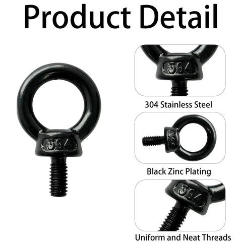 Set Of Four M5 x 12Mm Lifting Eye Bolts Built Tough From 304 Stainless Steel For Top Shelf Pulling Strength And No Sweat Rigging Or Heavy Duty Hoisting On Any Job Site - Black zinc plated eye bolt detail.
