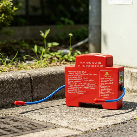 Heat Trip Automatic Fire Suppressor For Truck Engine Compartment Featuring Slick Snap On Install and Heavy Duty 360 Degree Coverage, red unit on ground.
