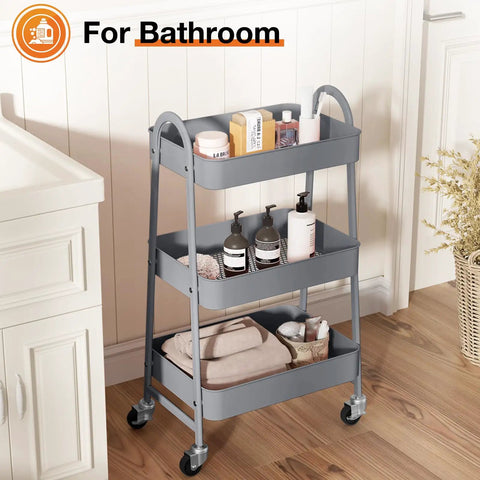 Three Tier Metal Rolling Cart With Lockable Wheels, Heavy Duty Mobile Storage Shelf For Living Room, Kitchen, Office Or Bathroom, Rust Resistant Steel, Adjustable Shelves, Grey, shown in a bathroom setup.