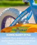 Close-up of Bluey Themed 12 Inch Girls BMX Bike with colorful Bluey and Bingo decals on steel frame and rear wheel