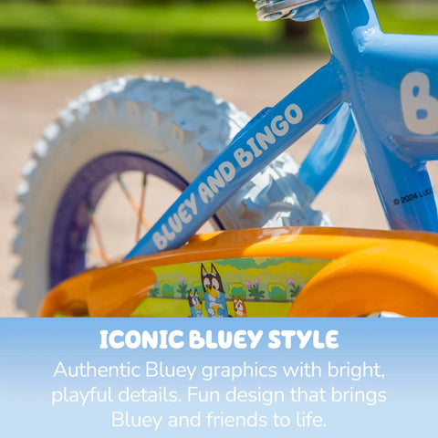 Close-up of Bluey Themed 12 Inch Girls BMX Bike with colorful Bluey and Bingo decals on steel frame and rear wheel